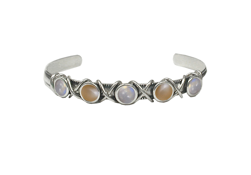 Sterling Silver Cuff Bracelet With Rainbow Moonstone And Peach Moonstones